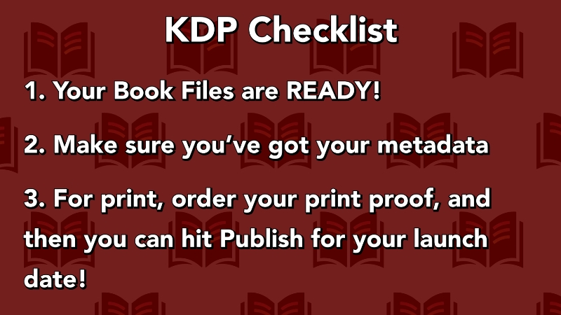 KDP checklist screen lists book files, metadata, and print proof steps before publishing on Amazon