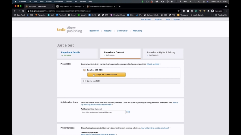 KDP paperback setup screen shows options to assign a free ISBN or use your own ISBN