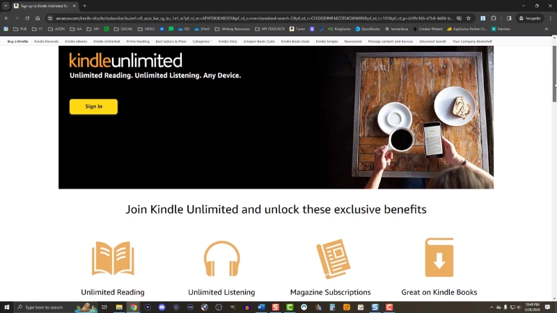 Amazon Kindle Unlimited page shown while reviewing KDP Select enrollment options