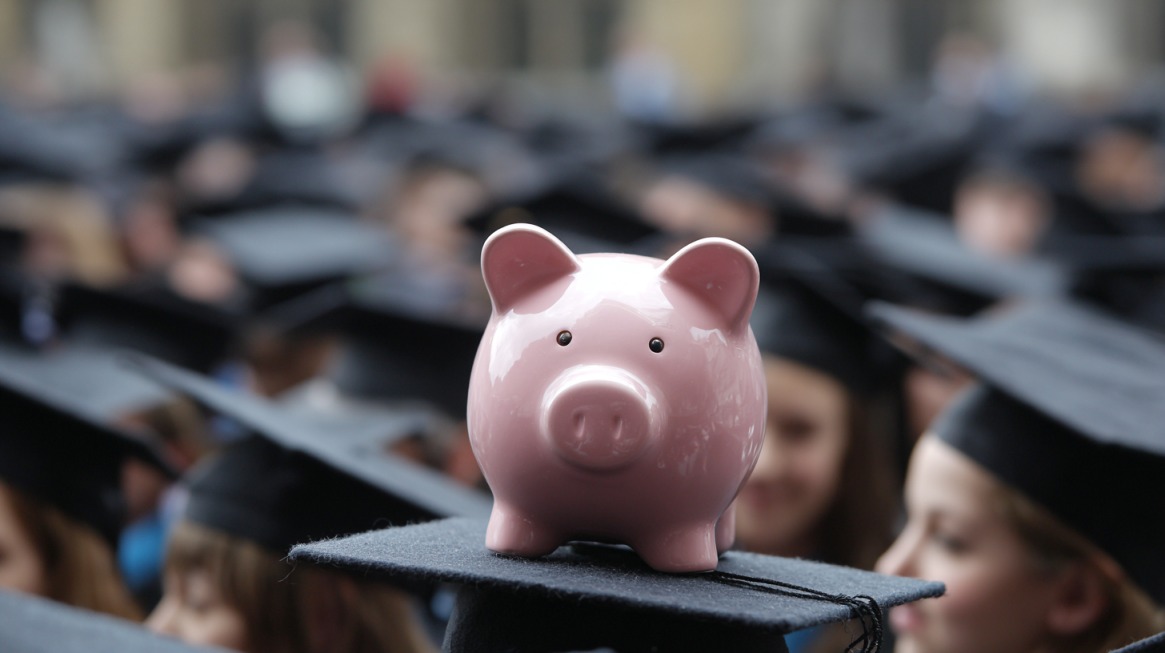 Piggy bank placed on a graduation cap with students in caps and gowns in the background