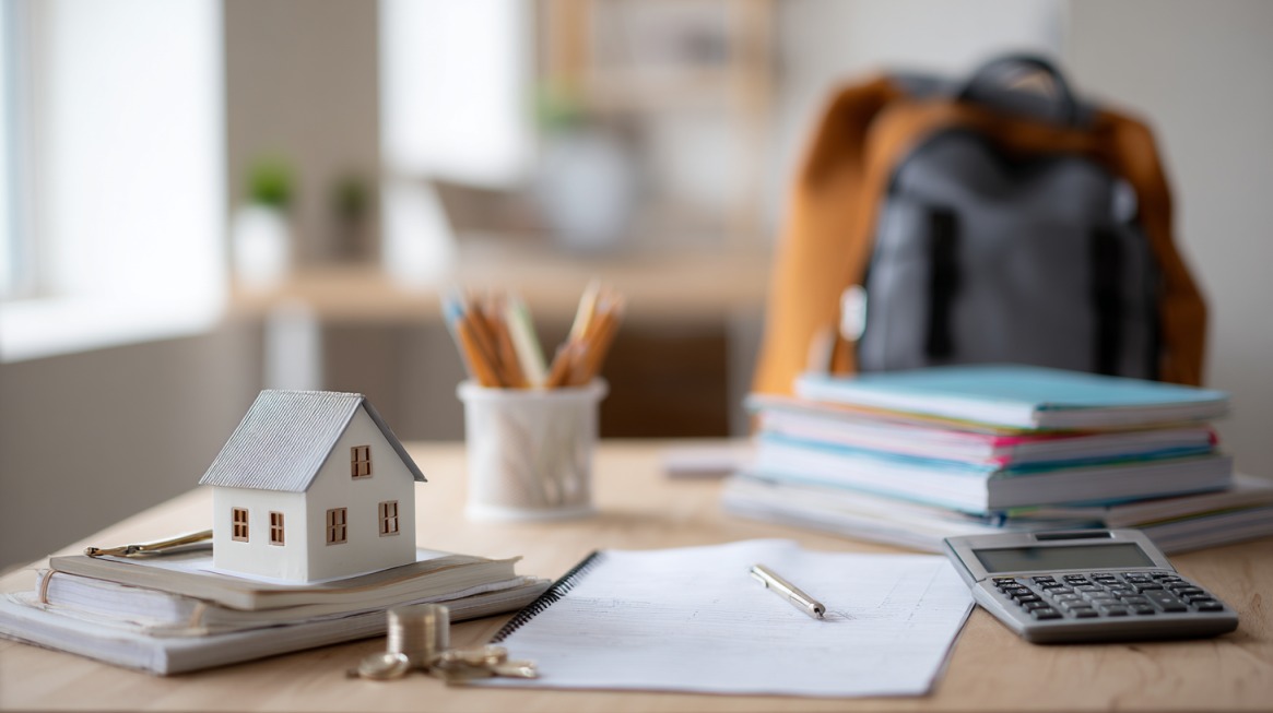 Desk with books, calculator, coins, and a small house model representing student housing costs
