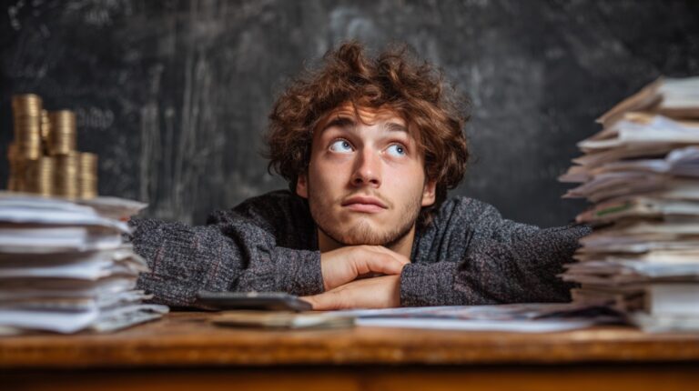 Student sitting at a desk surrounded by papers and coins, looking thoughtful about expenses