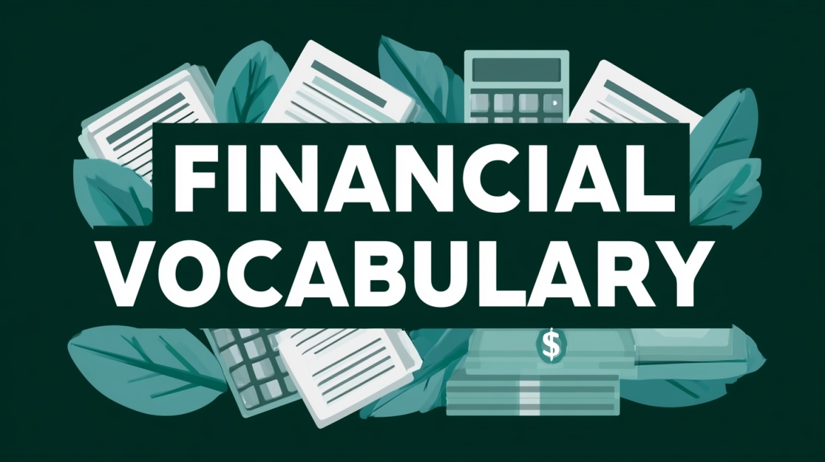 Illustration with the words "Financial Vocabulary" surrounded by documents, calculators, money, and financial icons