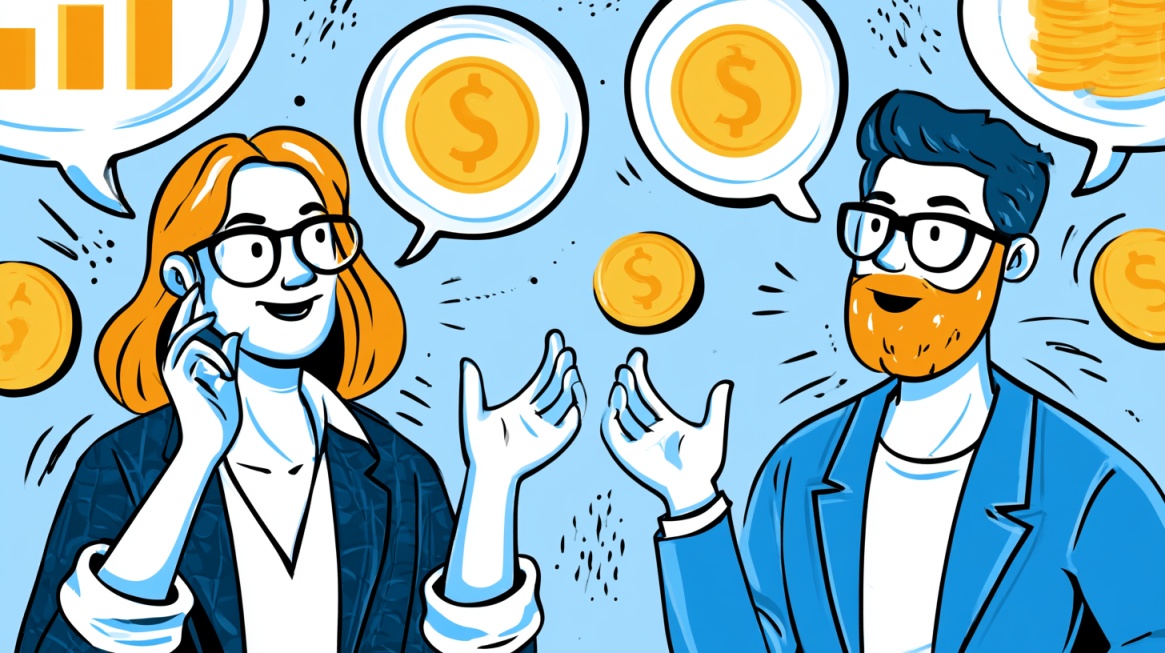 Illustration of two people discussing money, with coins, charts, and financial symbols in speech bubbles around them