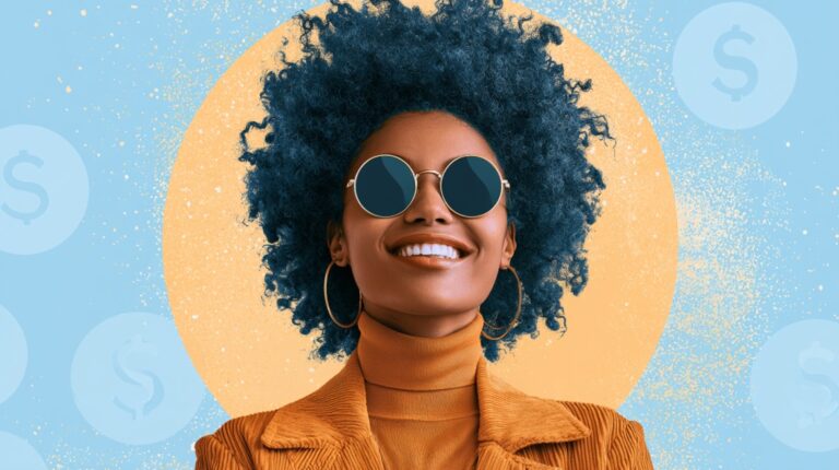 Illustration of a smiling person wearing sunglasses with dollar symbols in the background, representing financial knowledge and money concepts