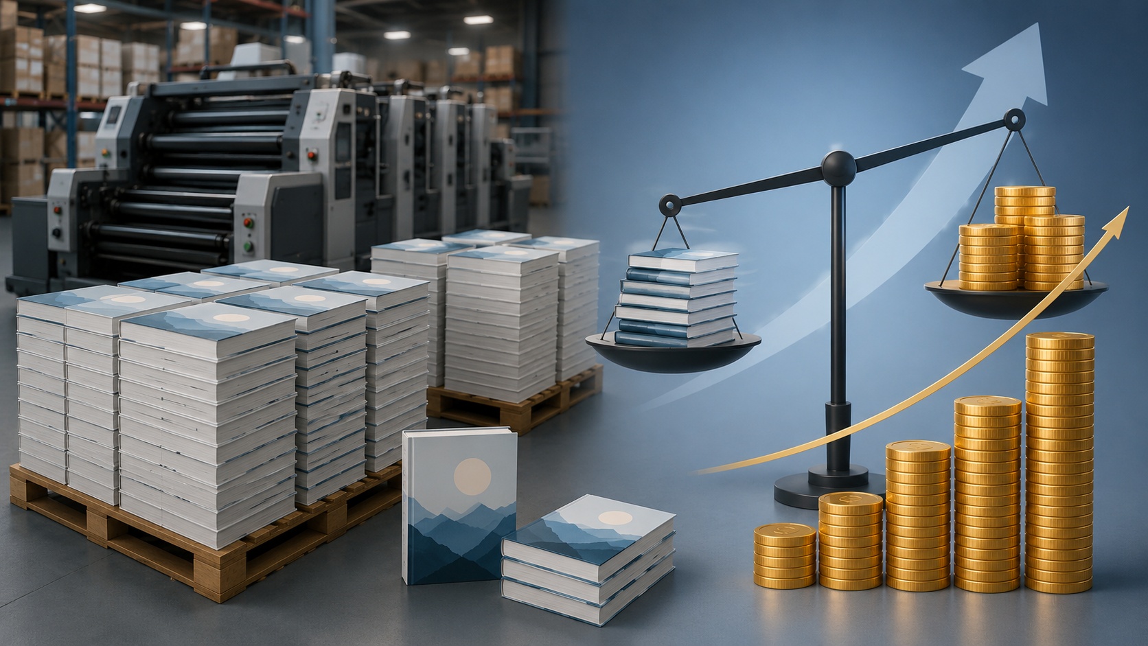 Large book print run beside coins, a balance scale, and an upward growth arrow.