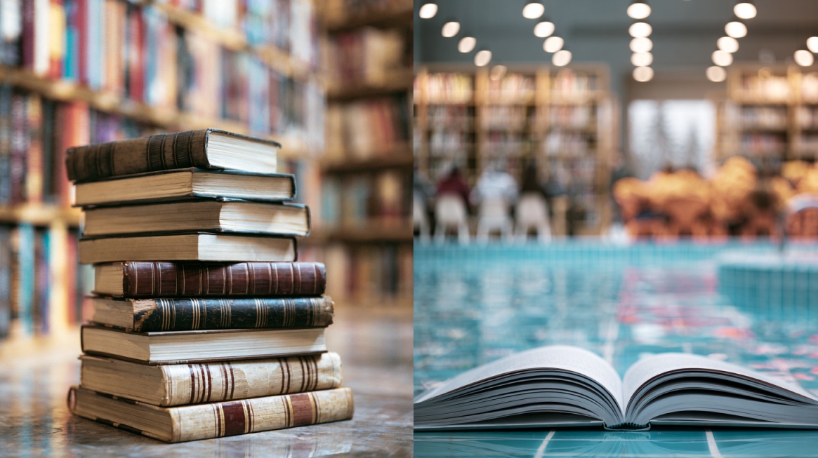 Split image showing a stack of vintage books and an open book inside a modern library.