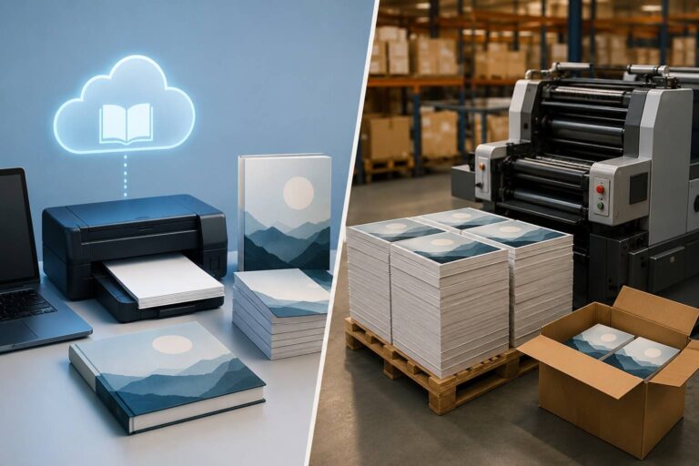 Split image showing a desktop printer beside an industrial press and stacks of books.
