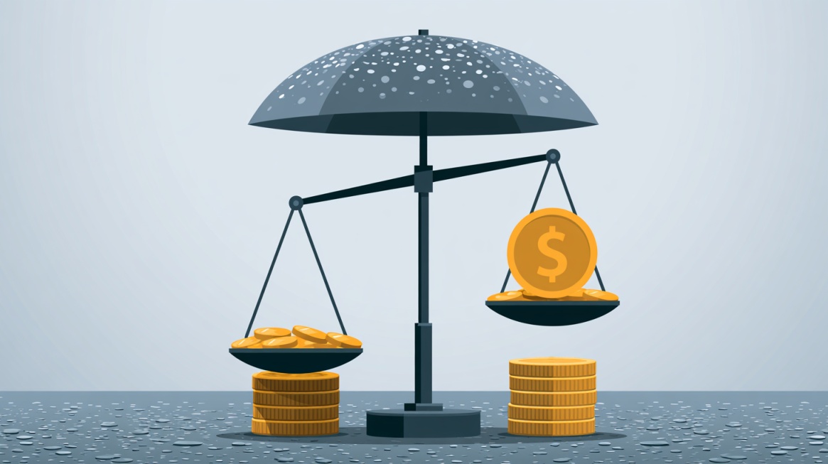 Illustration of a balance scale with gold coins protected by an umbrella.