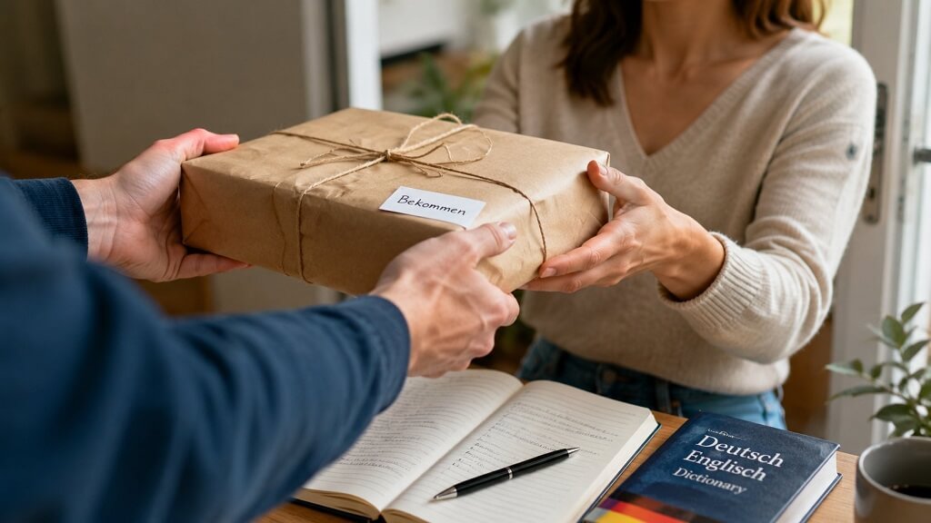 Person receiving a package to illustrate the German word Bekommen