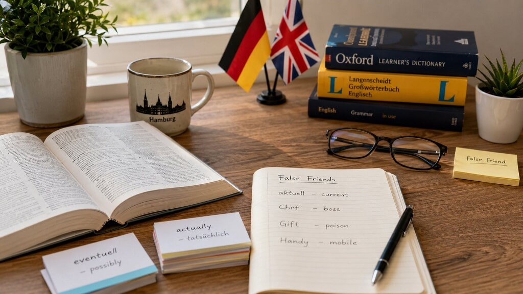 German false friends study desk with vocabulary notes