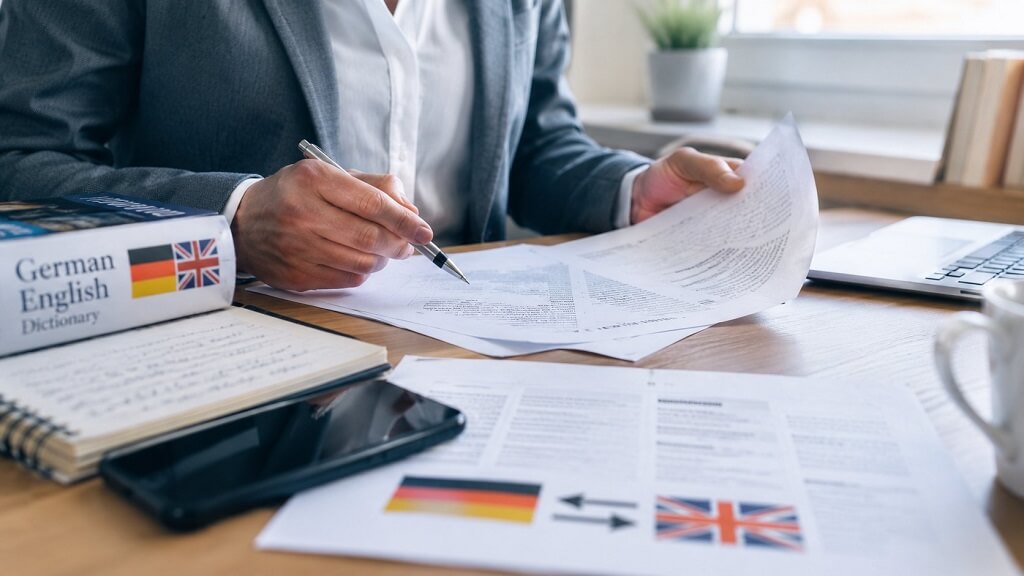 German and English translation documents on a desk