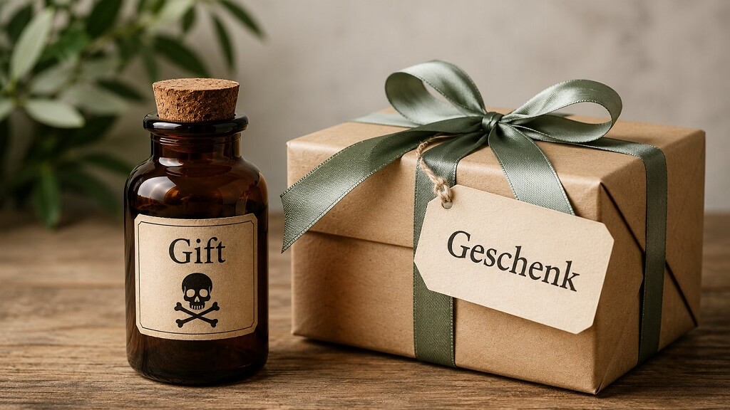 Gift poison bottle beside a German Geschenk present