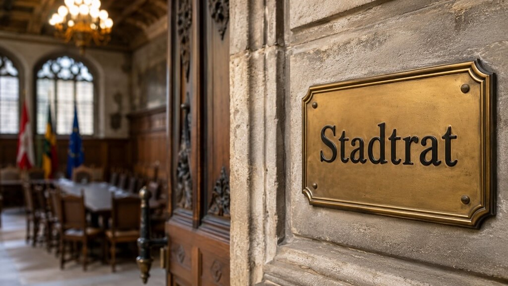 Stadtrat sign outside a German council chamber